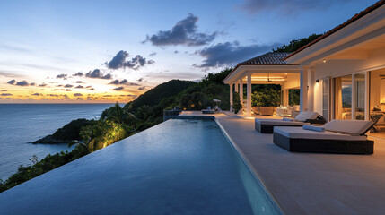 Fototapeta premium Luxurious beachfront villa with infinity pool at sunset, offering stunning ocean views