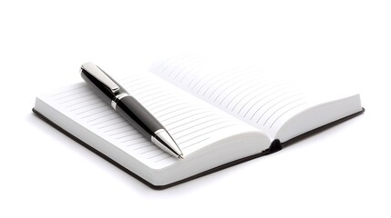 Open notebook with pen on white background for writing notes