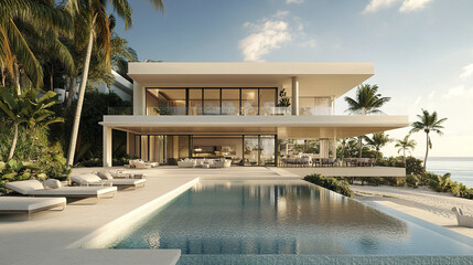 Fototapeta premium luxurious beachfront villa with spacious pool and palm trees
