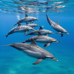 Fototapeta premium Group of dolphins swimming underwater.
