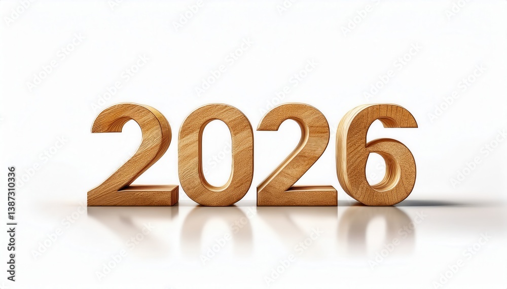 Poster  wooden 2026 number design with realistic texture and soft reflection on white background for new year branding visuals