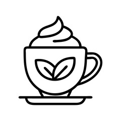 Outline tea cup with cream and leaves vector illustration for cafe menu and drink related designs