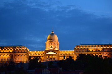 Nighttime view of Buda Castle in Budapest, Hungary
