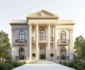 Obraz premium Elegant neoclassical mansion with grand columns and lush greenery
