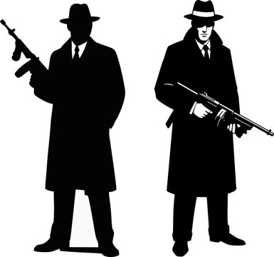 Silhouette of Classic 1920s Gangster with Fedora and Tommy Gun &ndash; Vector Illustration