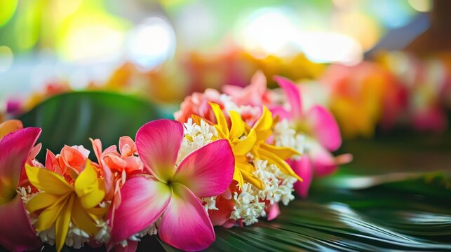 A traditional Hawaiian luau with hula dancers and leis.