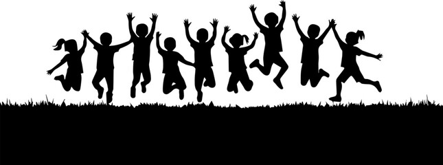 Silhouettes of children jumping happily