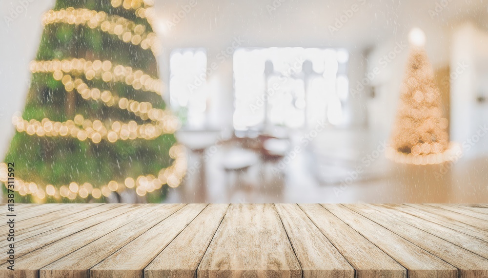 Poster  wooden tabletop in front of festive blurred christmas tree with golden bokeh and soft snowfall for product display design