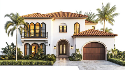 Obraz premium Luxurious Mediterranean style villa with palm trees and arched windows