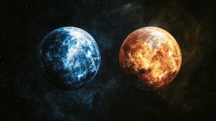 Obraz premium A twin-planet system where one side is light and the other is dark.