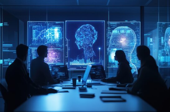 Business professionals brainstorming with AI-generated