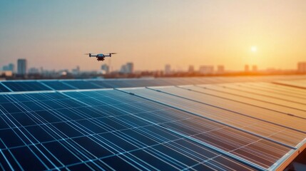 A drone surveys a solar panel installation during a stunning sunset, emphasizing renewable energy.