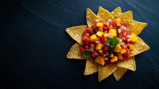 A fresh mango salsa with tortilla chips. Featuring zest and crunch
