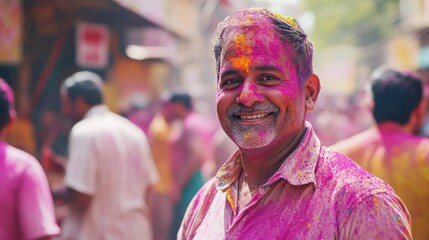Obraz premium A vibrant Holi festival in India, with people covered in colorful powders.