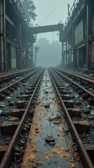 Fototapeta premium Rusty railway tracks in industrial setting with foggy atmosphere