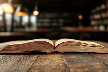 Fototapeta premium Open book on wooden table, cafe background