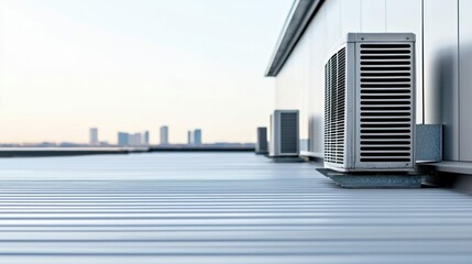 Obraz premium Close-up of air conditioning units on a building rooftop, with the city blurry in the background.