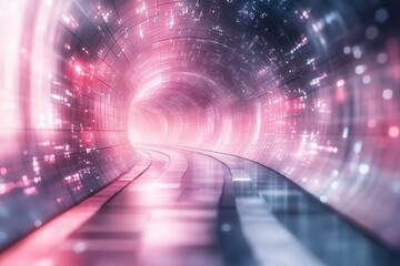 Obraz premium A vibrant, glowing tunnel with colorful lights and a distinct pathway leading towards the horizon