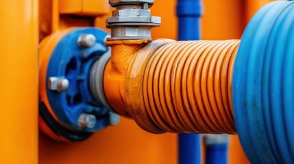 Industrial pipes display a vivid color scheme with a focus on the connection and its intricate details.