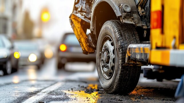 Close-up shot of a damaged truck's wheel after a road accident with cars blurred in the background.