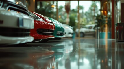 Obraz premium A line of colorful vehicles showcases a modern showroom, featuring vibrant hues reflecting luxury and design, with clean lines and polished surfaces enhancing the visual appeal.