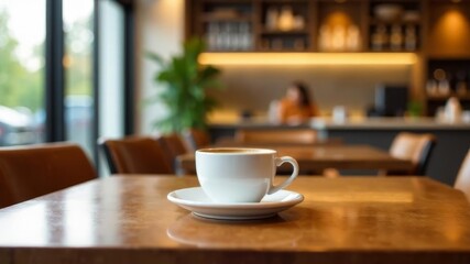 A warm cup of coffee rests on a wooden table surrounded by modern decor in a cozy cafe