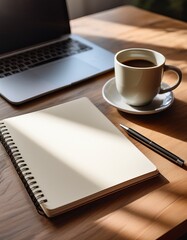 Blank Notebook Mock-Up with Coffee and Laptop