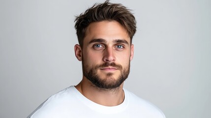 Fototapeta premium A high-resolution headshot shows a man with styled brown hair and a beard. He wears a plain white t-shirt. The neutral background and even lighting create a professional feel. The image is clean and