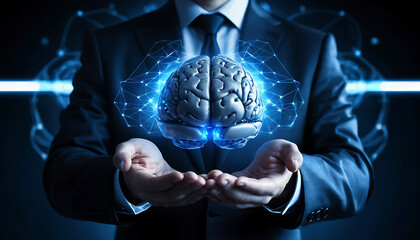 Businessman Holding Glowing Blue Brain Hologram Representing Artificial Intelligence and Innovation

