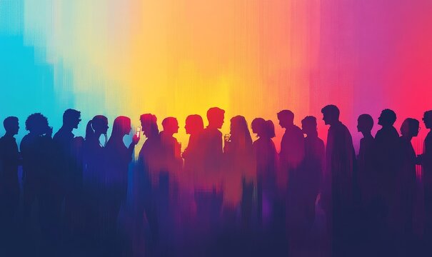 Stylized silhouette of crowd of people, casual mixed group of young adults hanging out, chatting or drinking gathered for nightlife event, simple minimal pop art style flat design , Generative AI