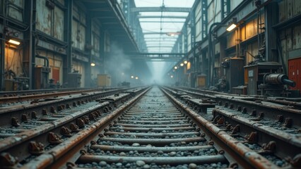 Fototapeta premium Rusty railway tracks in foggy industrial warehouse setting