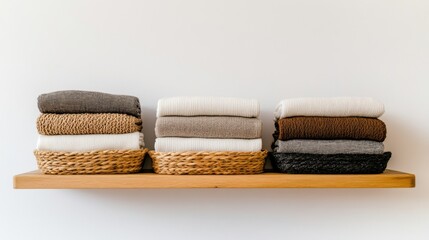 Neatly stacked towels on a wooden shelf.
