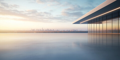 Concrete floor or slab, empty space or area at outdoor. Include modern building exterior of showroom, shop or store. Background design with sky, urban city for display auto car, automobile, automotive