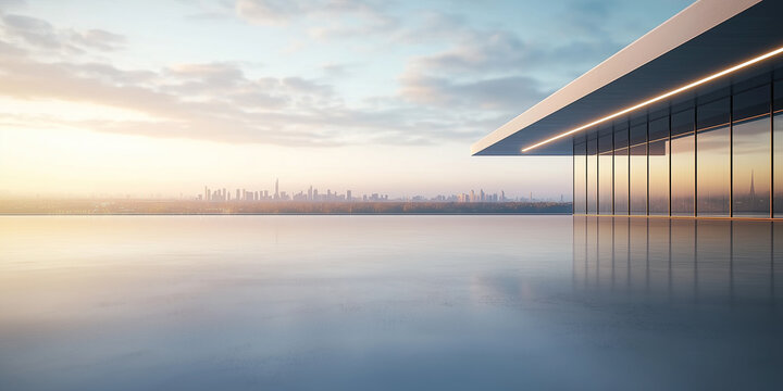 Concrete floor or slab, empty space or area at outdoor. Include modern building exterior of showroom, shop or store. Background design with sky, urban city for display auto car, automobile, automotive