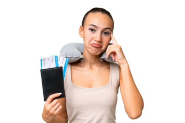 Young Arab woman with Inflatable Travel Pillow over isolated background thinking an idea