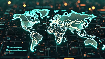 Futuristic digital world map with neon glow and circuit board design
