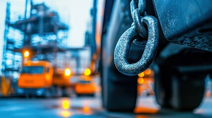 A detailed view shows a chain link with a blurred background of trucks and machinery in the distance.
