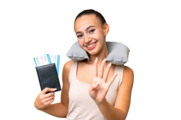 Young Arab woman with Inflatable Travel Pillow over isolated background happy and counting four with fingers