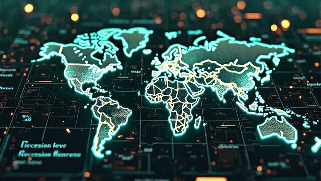 Futuristic digital world map with neon glow and circuit board design