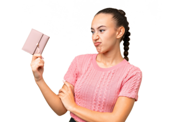 Young Arab woman holding a wallet over isolated background with sad expression
