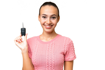 Young Arab woman holding car keys over isolated background smiling a lot