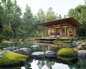 Fototapeta premium Tranquil Japanese-style wooden house by a pond in a lush green forest, surrounded by mossy rocks and reflections. Perfect zen setting. AI generative.