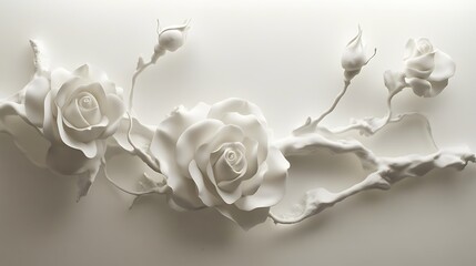 Ornate white roses, 3D relief artwork, decorative design, wall decor, background