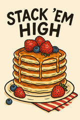 Pancake Stack with Berries and Syrup Illustration for Breakfast Menu