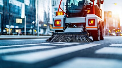 Fototapeta premium A street sweeper machine meticulously cleans a crosswalk on a city street during sunset.