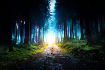 Dark to light gradient path winding through forest symbolizing emotional healing journey from trauma toward peace and inner wellbeing  
