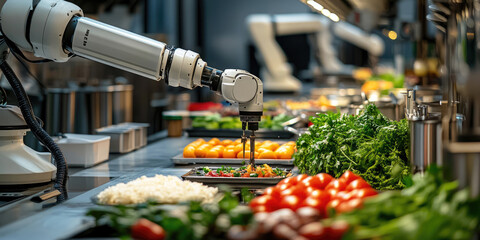 Automated kitchen setup with robotic arms preparing meals, showcasing AI-driven culinary innovation, futuristic home technology,smart cooking solutions for efficiency convenience.copy space,banner