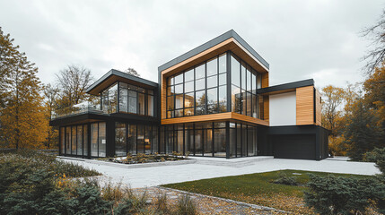 Fototapeta premium modern detached house with sharp angular roofline and large glass windows