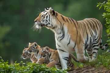 Fototapeta premium Golden Moments, A Mother Tiger and Cub in Autumn Tranquility