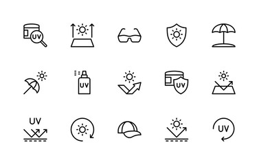 Sun protection related vector linear icons set. Isolated icon collection such as anti-UV, reflection, sunglasses, cosmetics, shield and more.